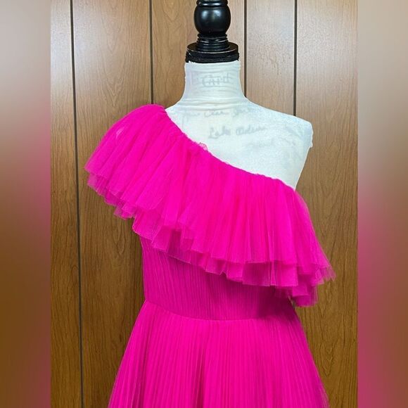 ML Monique Lhuillier One-Shoulder Tulle Pink Cocktail Dress size 10 - Picture 6 of 11